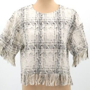 Fate Tweed Fringe Trim Boxy Crop Top White Black Metallic Size M Medium Classic